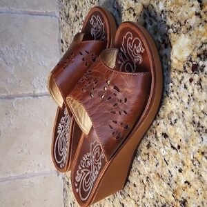 Olukai Brown Leather Noho Lio Slip On Wedge Sandals